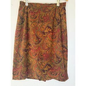 Vintage Midi Skirt Paisley Burgundy Rust Womens 1990s Size 12 Boho Cottagecore